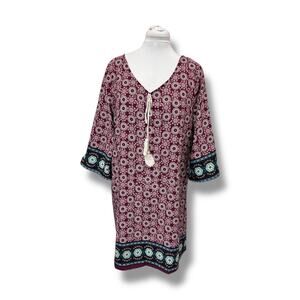 Love Luscious Women’s 3/4 Sleeve V Neck Midi A-Line Dress, Burgundy, size XL